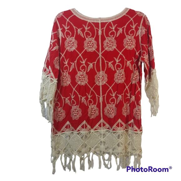 Cato Red Cream Embroidered Lace Boho Top Coastal Beach Size M - Picture 2 of 7
